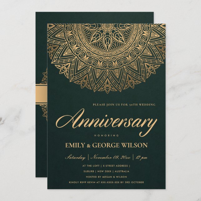 GREEN FAUX GOLD MANDALA ANY YEAR 50TH ANNIVERSARY INVITATION (Front/Back)