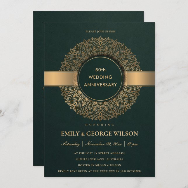 GREEN FAUX GOLD MANDALA ANY YEAR 50TH ANNIVERSARY INVITATION (Front/Back)