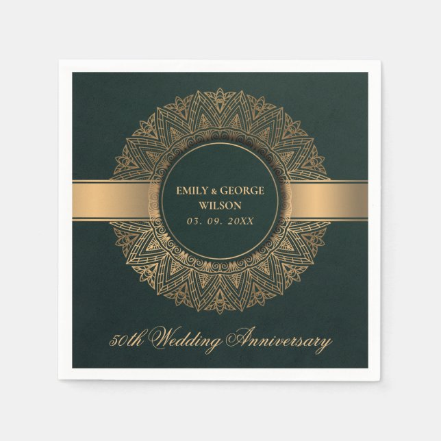 GREEN FAUX GOLD MANDALA ANY YEAR 50TH ANNIVERSARY NAPKIN (Front)