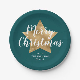 Green Faux Gold Star Merry Christmas  Paper Plate