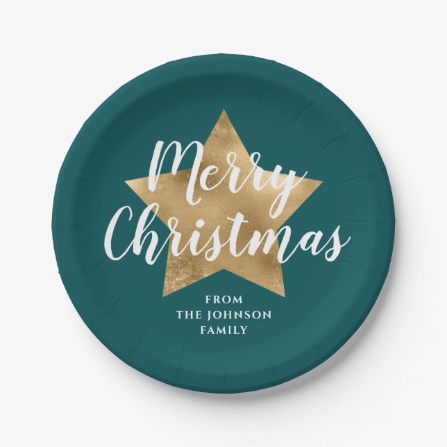 Green Faux Gold Star Merry Christmas  Paper Plate (Front)