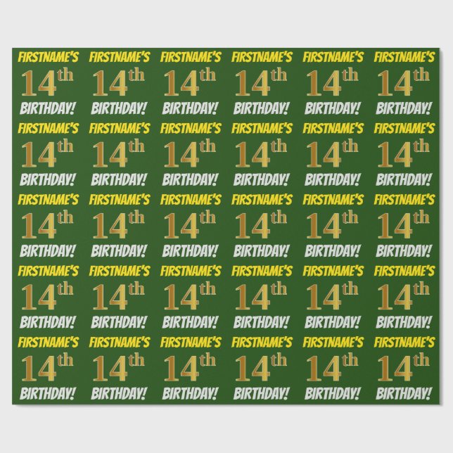 Green, Faux/Imitation Gold, "14th BIRTHDAY" Wrapping Paper (Flat)