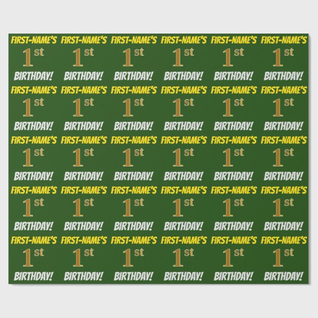Green, Faux/Imitation Gold, "1st BIRTHDAY" Wrapping Paper (Flat)