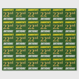 Green, Faux/Imitation Gold, "22nd BIRTHDAY" Wrapping Paper