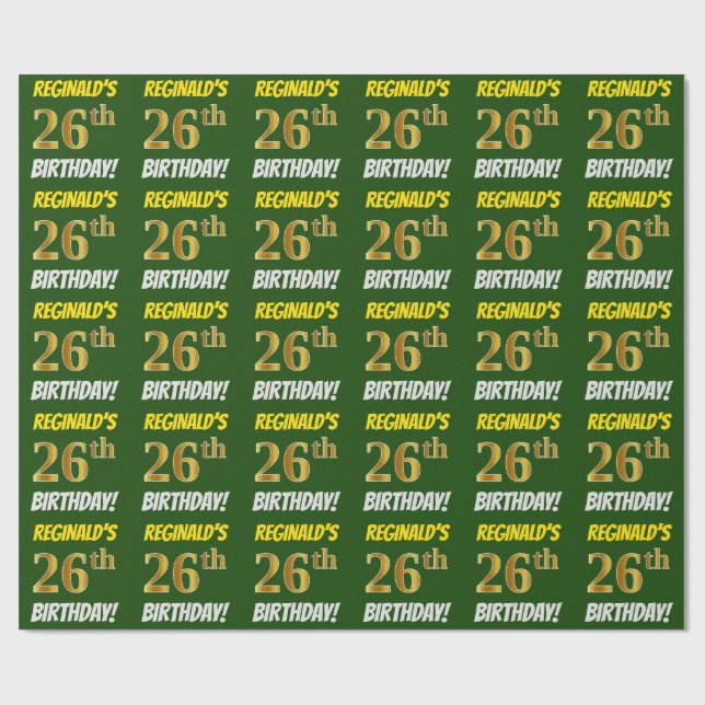 Green, Faux/Imitation Gold, "26th BIRTHDAY" Wrapping Paper (Flat)