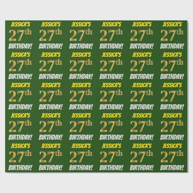 Green, Faux/Imitation Gold, "27th BIRTHDAY" Wrapping Paper (Flat)