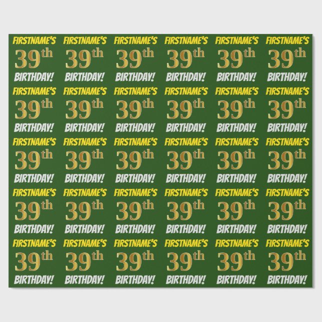Green, Faux/Imitation Gold, "39th BIRTHDAY" Wrapping Paper (Flat)