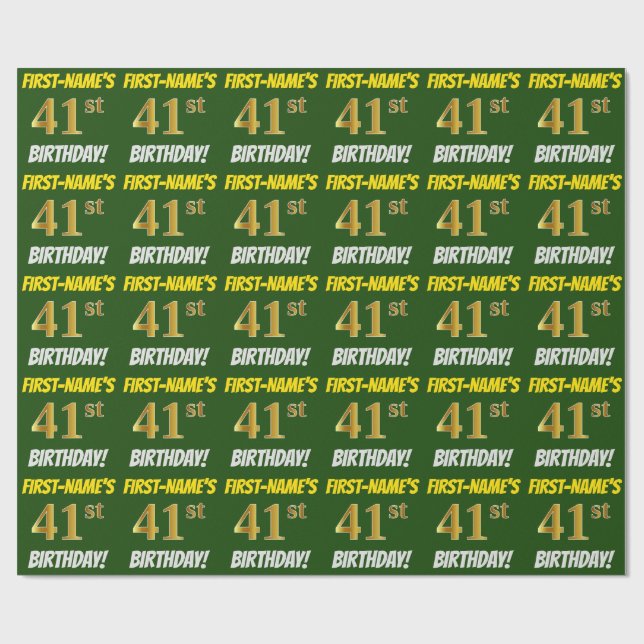 Green, Faux/Imitation Gold, "41st BIRTHDAY" Wrapping Paper (Flat)