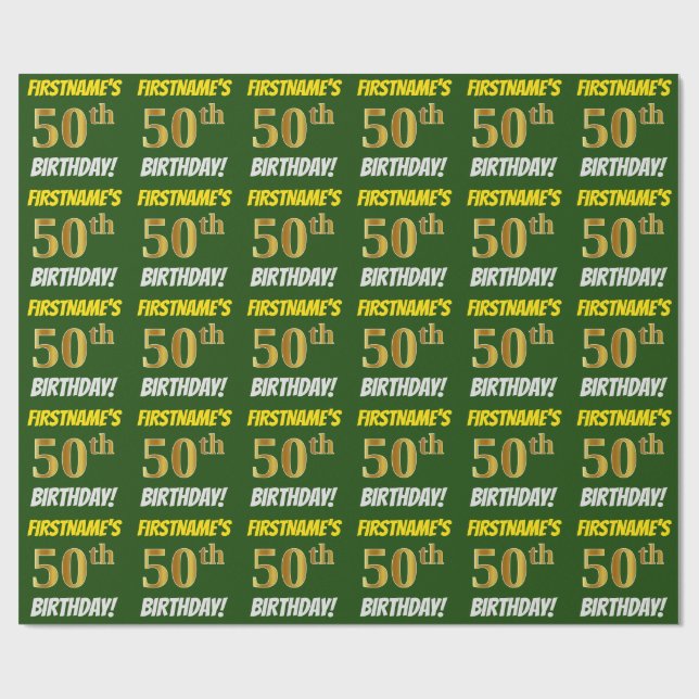 Green, Faux/Imitation Gold, "50th BIRTHDAY" Wrapping Paper (Flat)