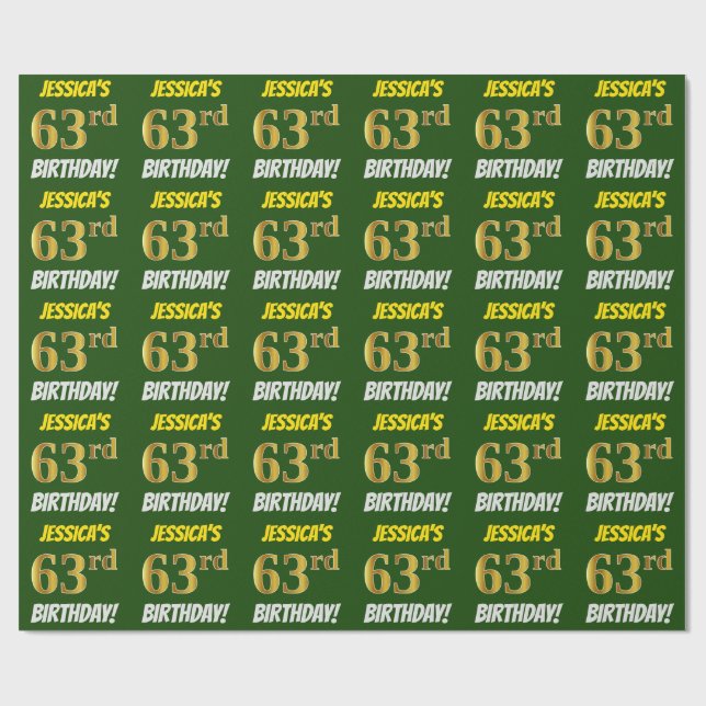 Green, Faux/Imitation Gold, "63rd BIRTHDAY" Wrapping Paper (Flat)