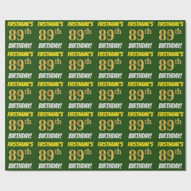 Green, Faux/Imitation Gold, "89th BIRTHDAY" Wrapping Paper (Flat)