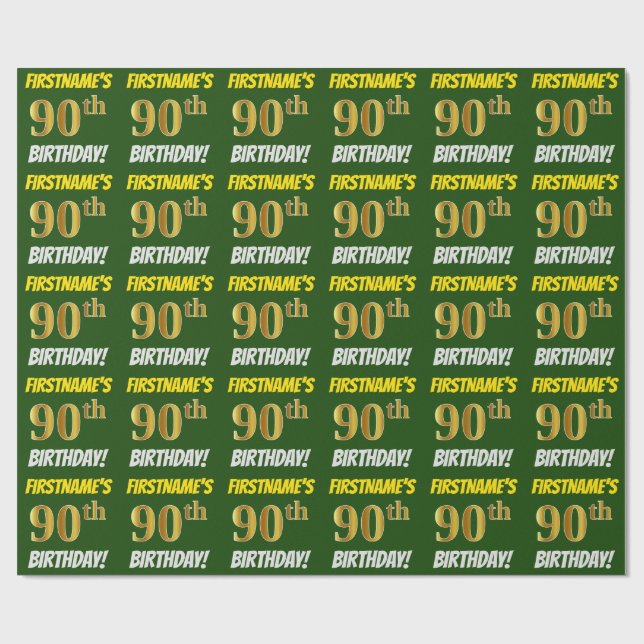 Green, Faux/Imitation Gold, "90th BIRTHDAY" Wrapping Paper (Flat)