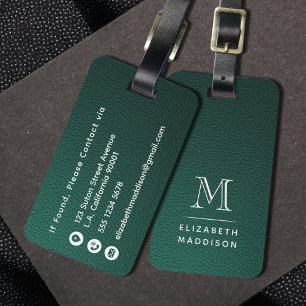 Green Faux Leather and White Monogram Initial Luggage Tag