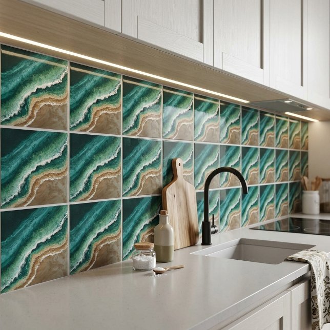 Green Faux Resin Waves Coastal Beach Ceramic Tile (Creator Uploaded)