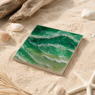 Green Faux Resin Waves Coastal Ceramic Tile