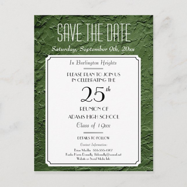 Green Faux Textured Party or Reunion Save the Date Announcement Postcard (Front)