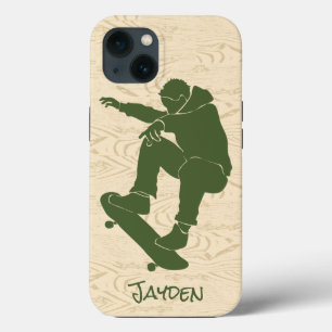 Green, Faux Woodgrain Skateboarder iPhone 13 Case