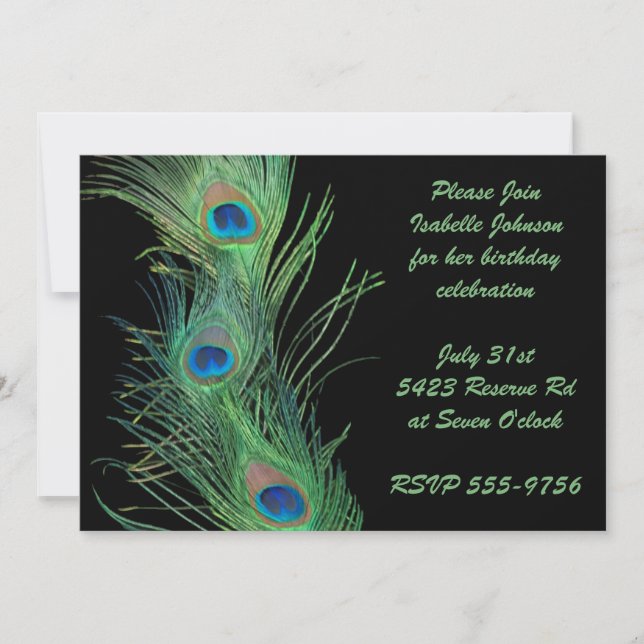 Green Feathers with Black Birthday Invitation (Front)