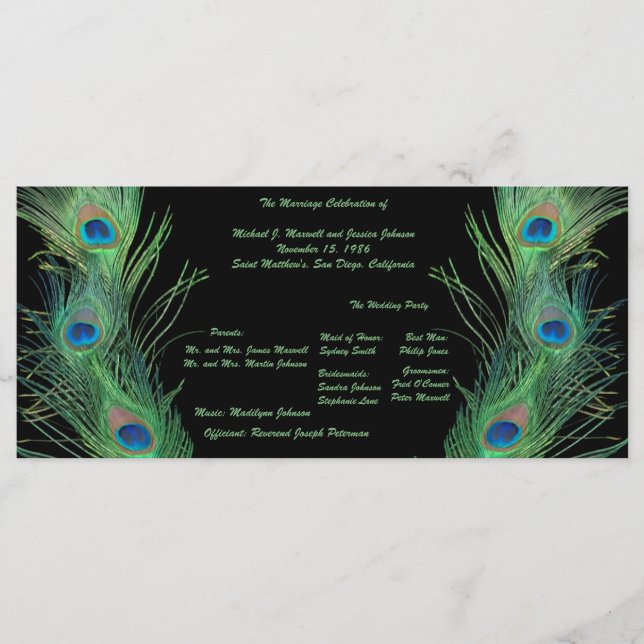 Green Feathers with Black Wedding Program (Front)