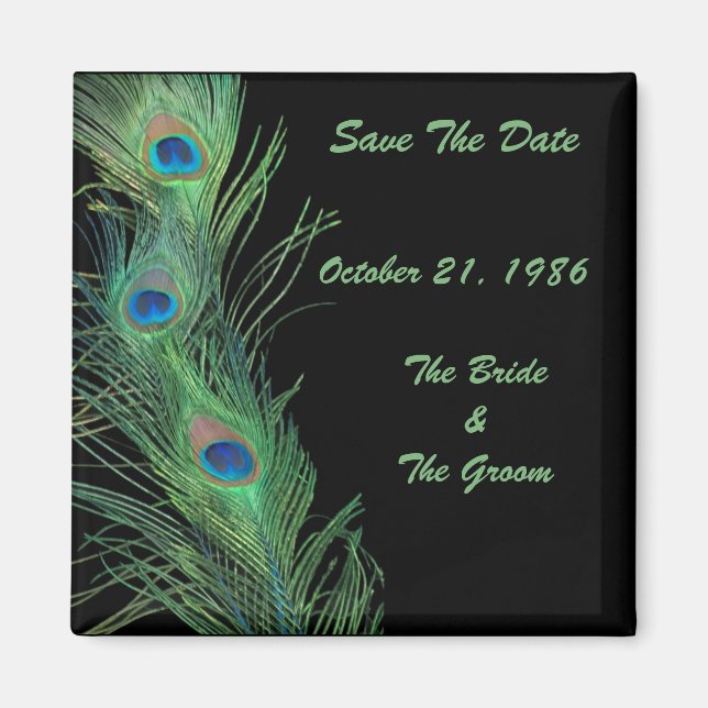 Green Feathers with Black Wedding Save the Date Magnet (Front)