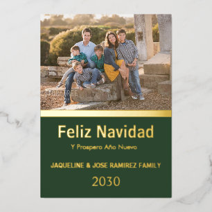 Green Feliz Navidad Spanish Family Photo Gold  Foil Holiday Card