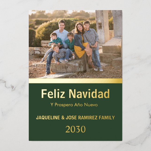 Green Feliz Navidad Spanish Family Photo Gold  Foil Holiday Card (Front)