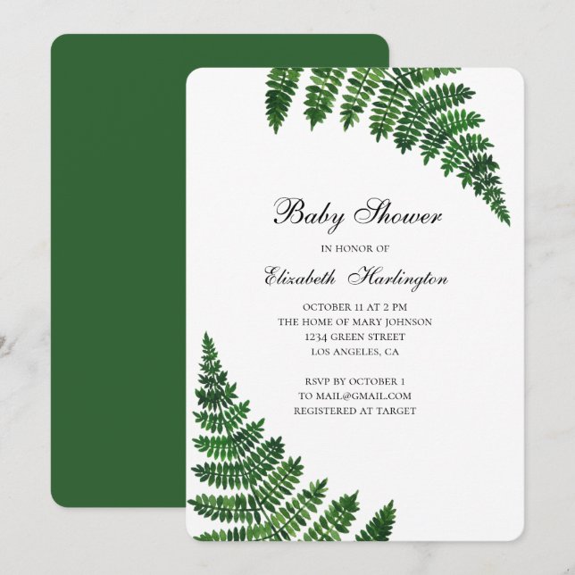 Green fern baby shower. Watercolor botanical Invitation (Front/Back)