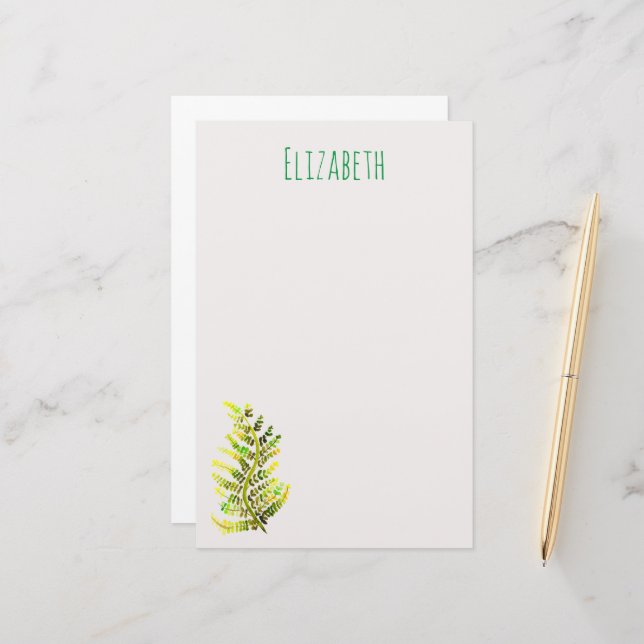 Green fern leaf plant art stationery (Front/Back In Situ)