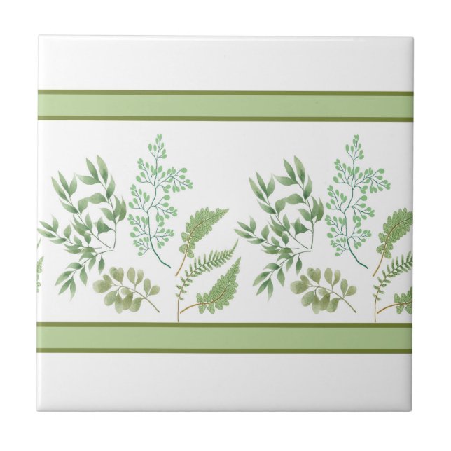 Green Fern Leaves and Branches Ceramic Tile (Front)