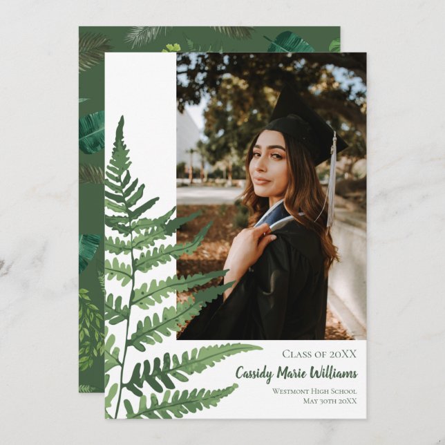 Green Fern Plants on White Graduation Announcement (Front/Back)