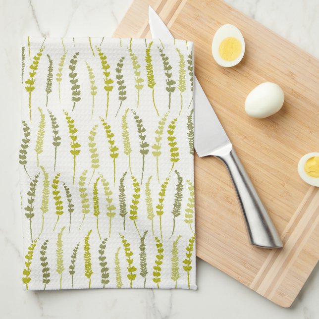 Green Fern Print for Natural Kitchen Tea Towel (Quarter Fold)