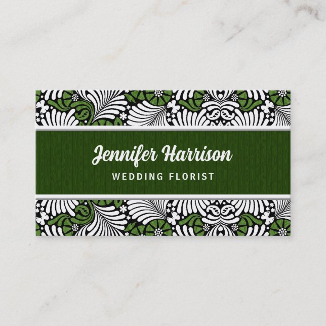 Green Fern Retro Leaf Pattern with White Business Card (Front)