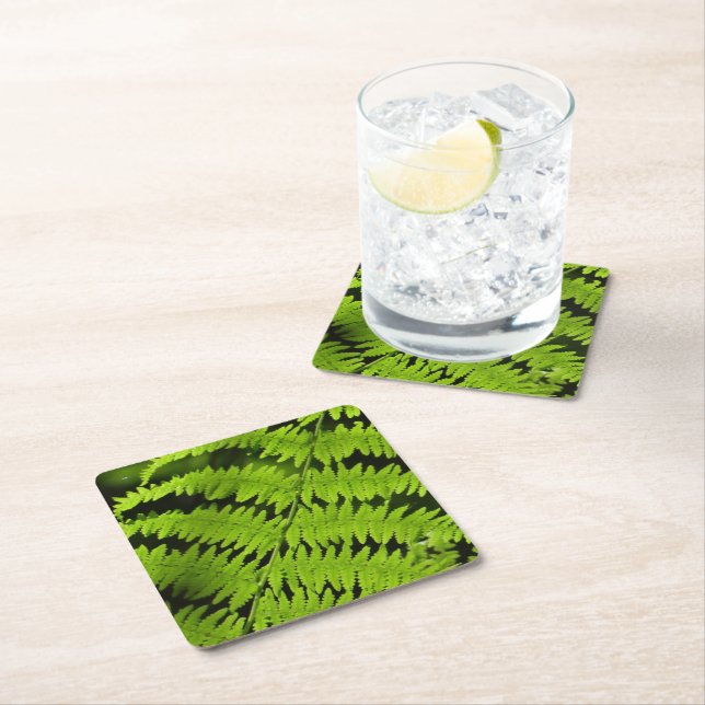 Green fern square paper coaster (Insitu)