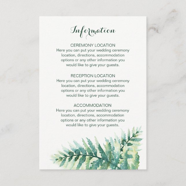 Green Fern Watercolor Wedding Information Cards (Front)