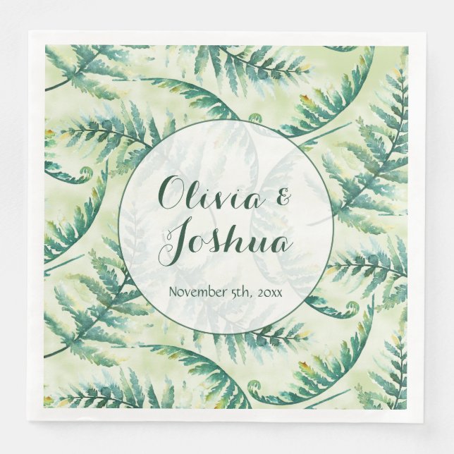 Green Fern Watercolor Wedding Napkins (Front)