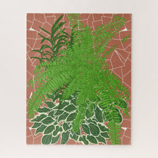 Green Ferns and Hostas on terracotta mosaic Jigsaw Puzzle