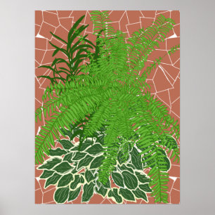 Green Ferns and Hostas on terracotta mosaic Poster