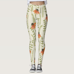 Green ferns, orange flowers, nature. leggings