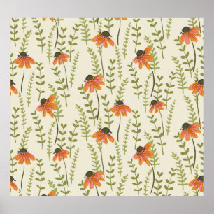 Green ferns, orange flowers, nature. poster