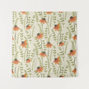 Green ferns, orange flowers, nature. tapestry