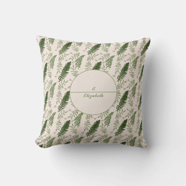Green ferns pattern monogram and name Throw Pillow (Front)