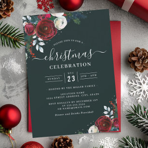 Green Festive Floral Red Christmas Party  Invitation