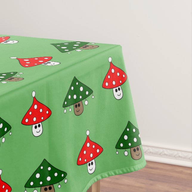 Green Festive Mushrooms Tablecloth (In Situ)