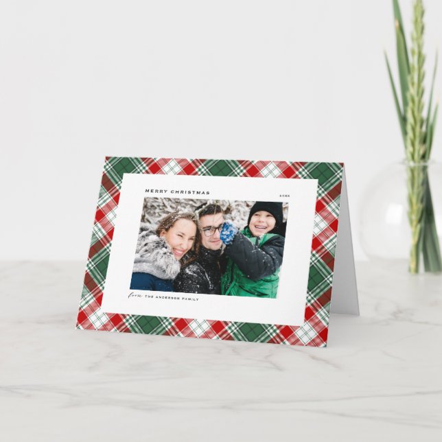 Green Festive Plaid Pattern Merry Christmas Photo Holiday Card (Front)