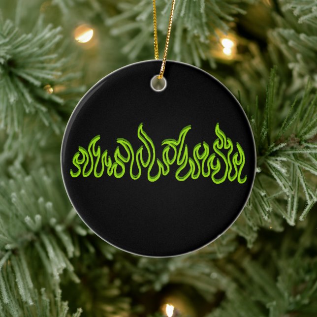 Green Fire Flames Blaze Outlines Ceramic Ornament (Tree)