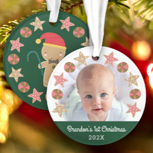 Green First Christmas Baby Photo Gingerbread Boy Ornament