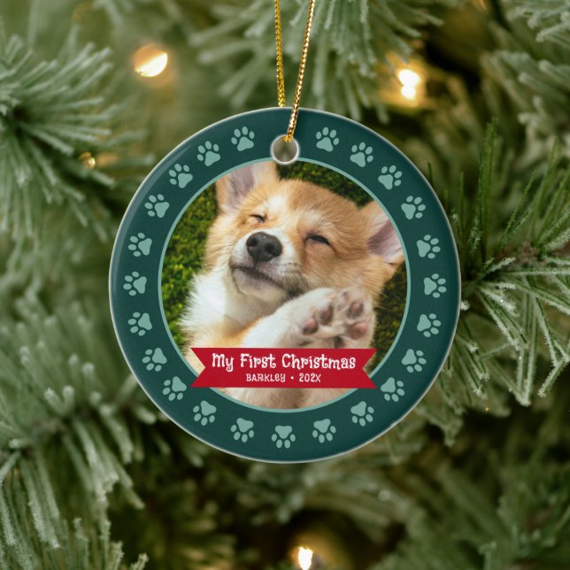 Green First Christmas Pet Puppy Photo Paws Custom Ceramic Ornament (Tree)