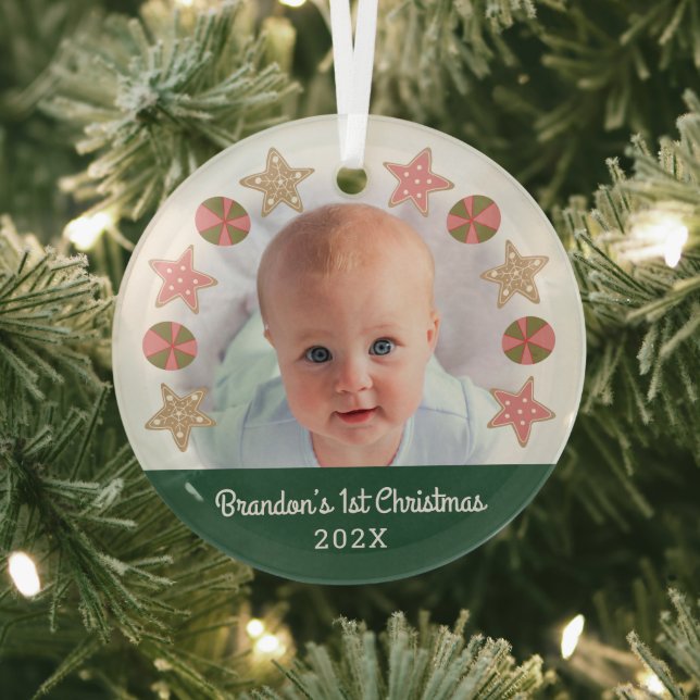 Green First Christmas Photo Boy Baby Cookie Wreath Glass Tree Decoration (Insitu)