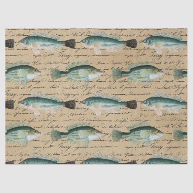 Green Fish and Cursive Writing on Tan Decoupage Tissue Paper (Front)