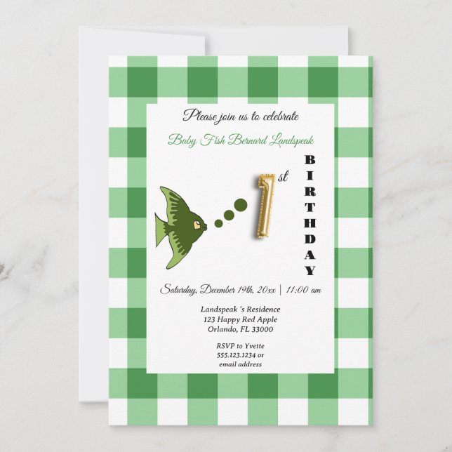 Green Fish & Gingham Gold Balloon 1st Birthday Invitation (Front)